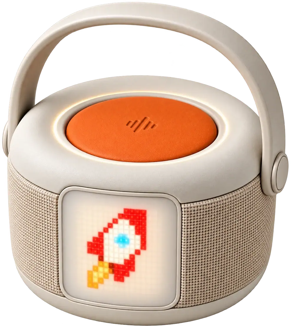 Cream Bau with an orange talk button and a softly lit pixel display