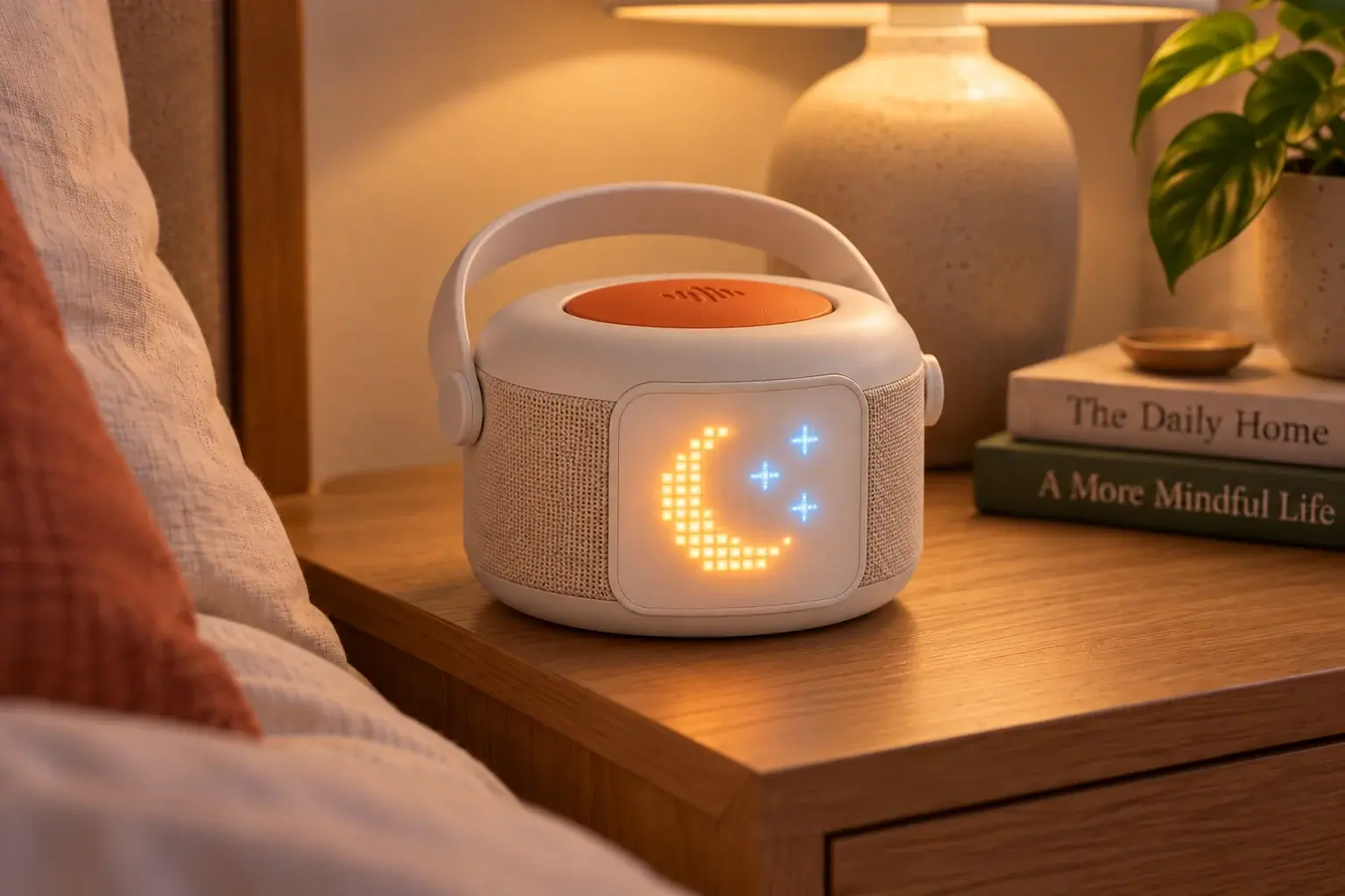 Bau on a warmly lit bedside table, displaying a pixel moon and stars