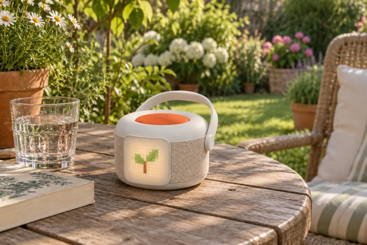 Bau on a dry garden table, displaying a pixel sprout