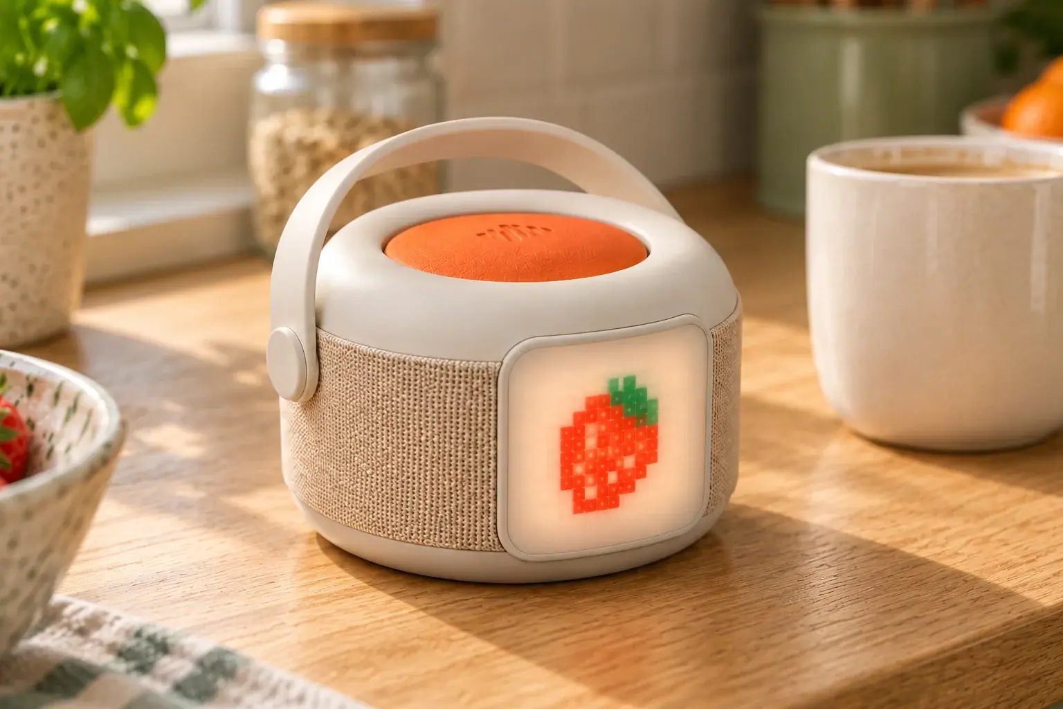 Bau on a sunny kitchen counter with a pixel strawberry and its handle tilted back