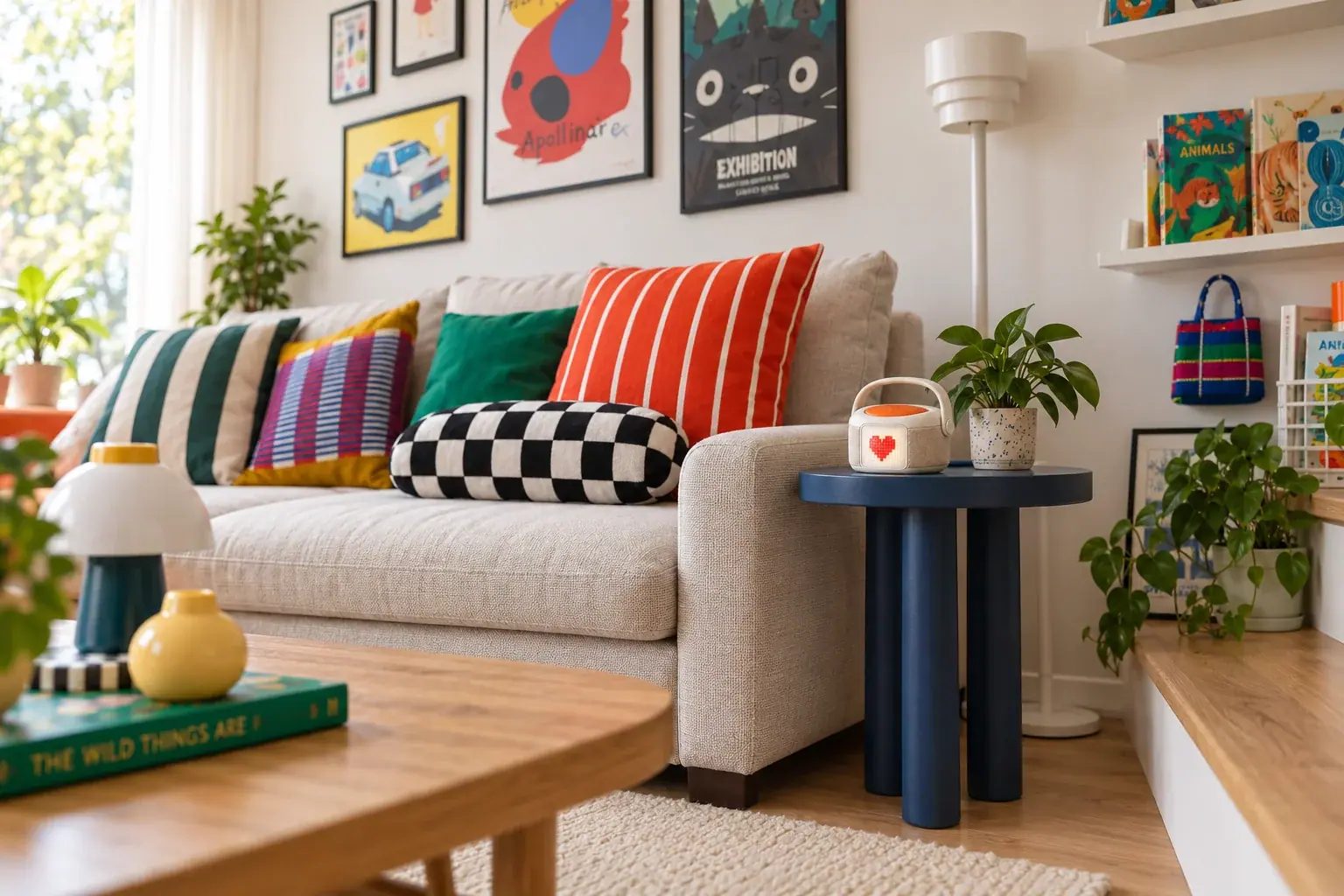 Bau on a blue side table beside a sofa, displaying a pixel heart