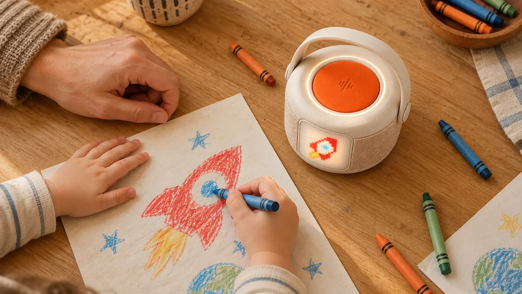 A child draws a rocket beside Bau and a parent’s hand, viewed from above